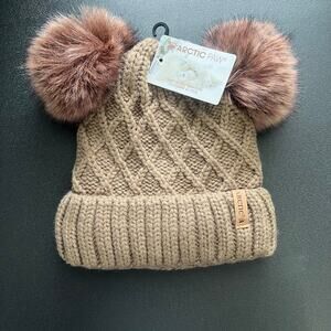 New! Arctic Paw Cable Knit Beanie Adult OS Bear Pom Pom Brown Warm Lined Soft